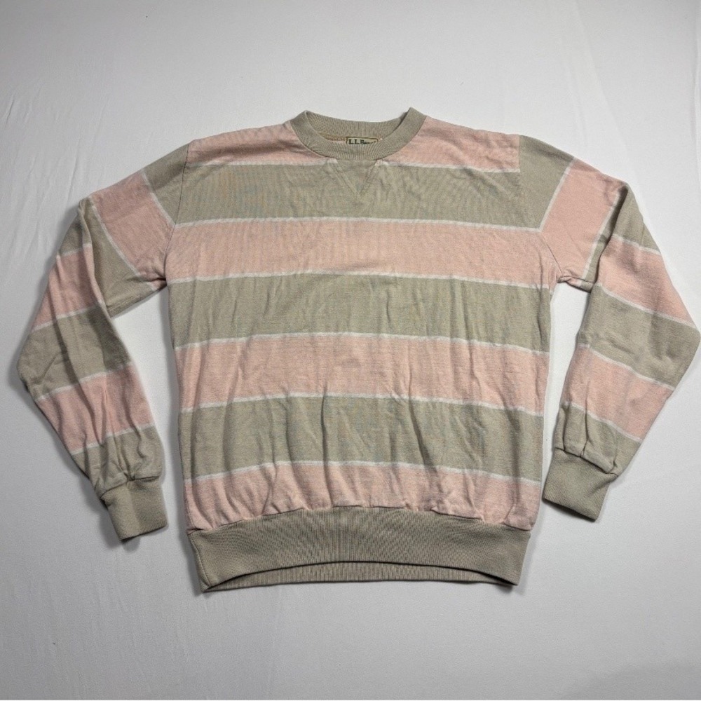 L.L.Bean Men's Striped Crewneck Pullover Sweatshirt Pink Beige Large